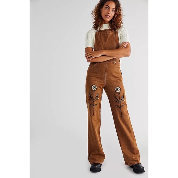 Free People Tudor Dungarees Vintage Floral Sun Brown Festival Denim Overalls - Picture 3 of 8